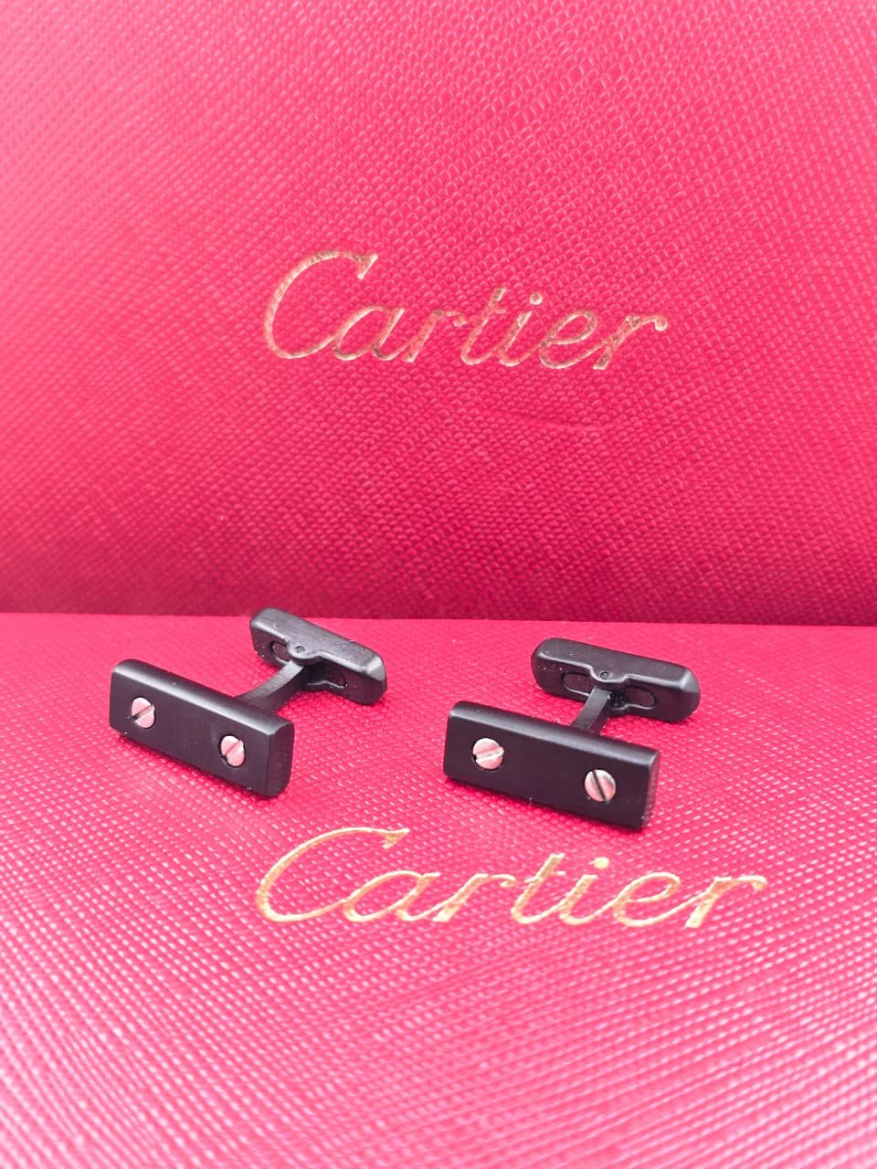 Cartier Cartier Black Bar Screw Motif Cufflinks – Matte Stainless Steel Luxury Cufflinks for Men