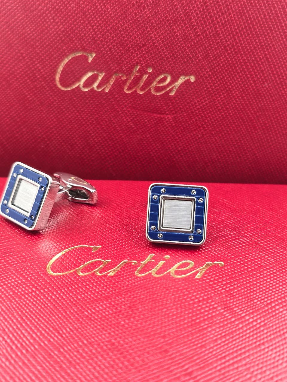 Cartier Blue Square Screw Design Cufflinks – Silver & Enamel Designer Cufflinks for Men