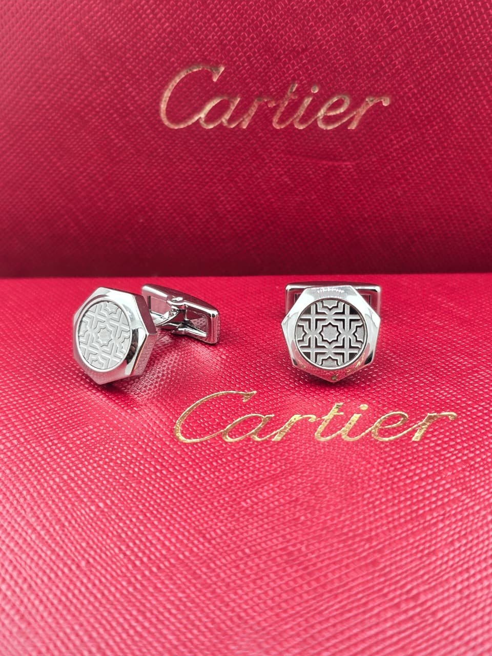 Cartier Cartier Engraved Pattern Hexagon Cufflinks – Silver Designer Luxury Cufflinks for Men