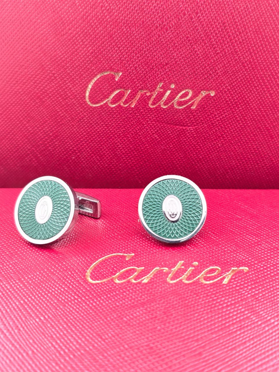 Cartier Cartier Green Guilloche Round Cufflinks – Silver Designer Cufflinks for Men