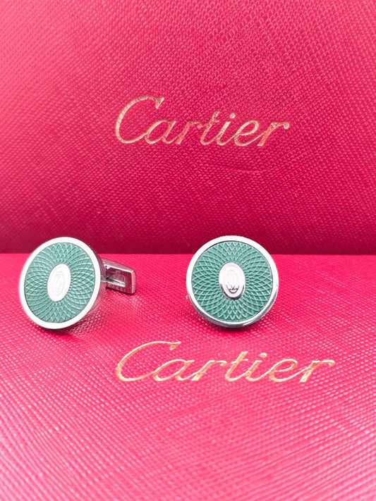 أزرار أكمام كارتييه Cartier خضراء بتصميم غيوشيه دائري – أزرار أكمام فضية للرجال من تصميم العلامة التجارية