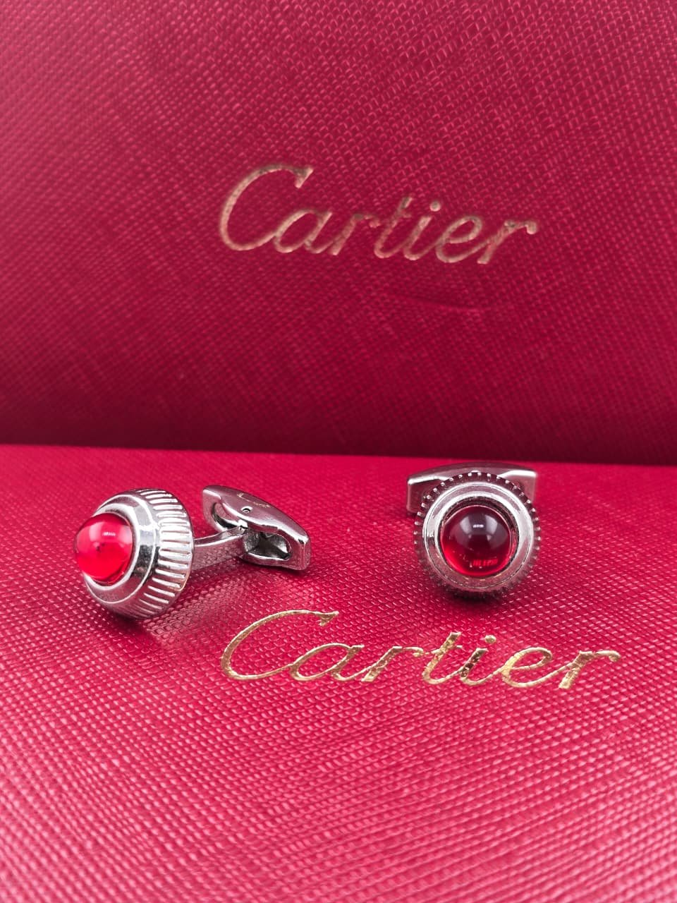 Cartier Cartier Red Cabochon Stone Cufflinks – Silver Designer Luxury Cufflinks for Men