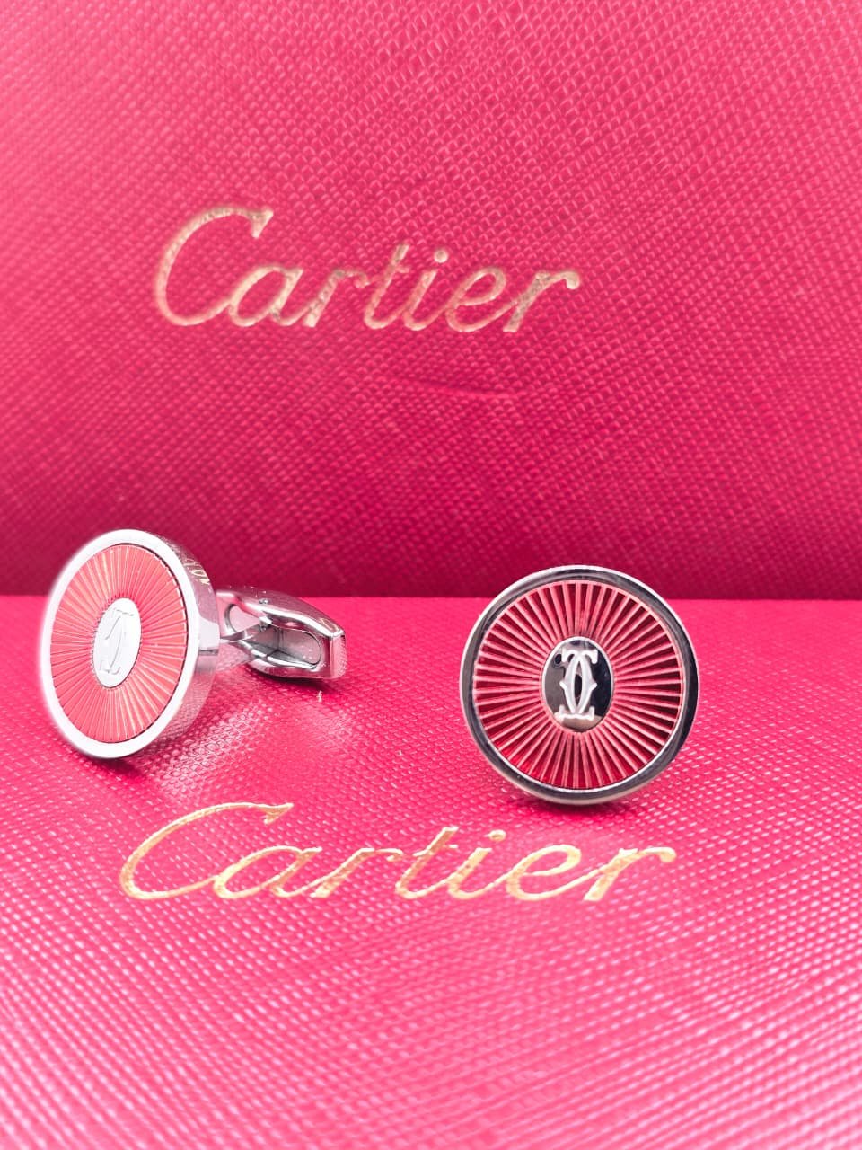 Cartier Cartier Red Guilloche Round Cufflinks – Silver-Tone Luxury Designer Cufflinks for Men