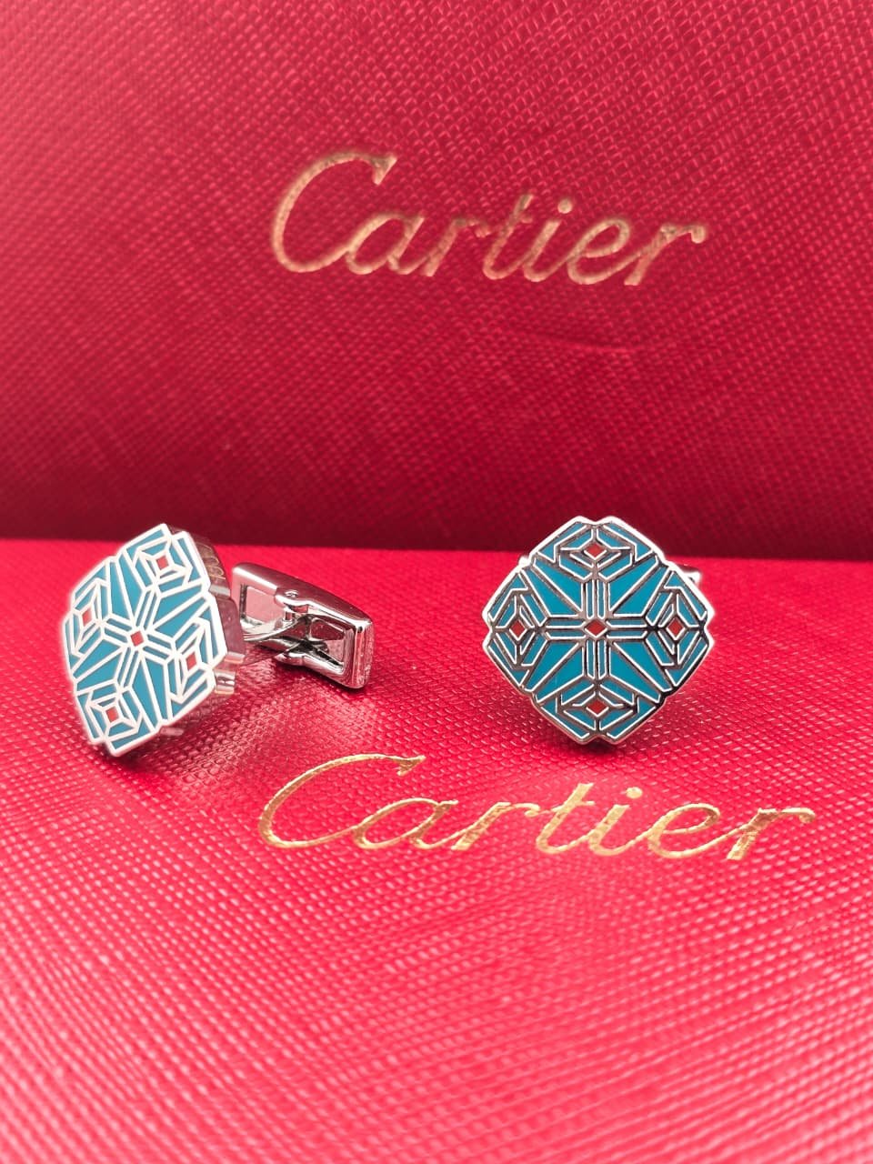 Cartier Geometric Turquoise Enamel Cufflinks – Silver Designer Pattern Cufflinks for Men