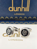 Dunhill Black Enamel Logo Cufflinks – Silver Textured Edge Designer Cufflinks for Men