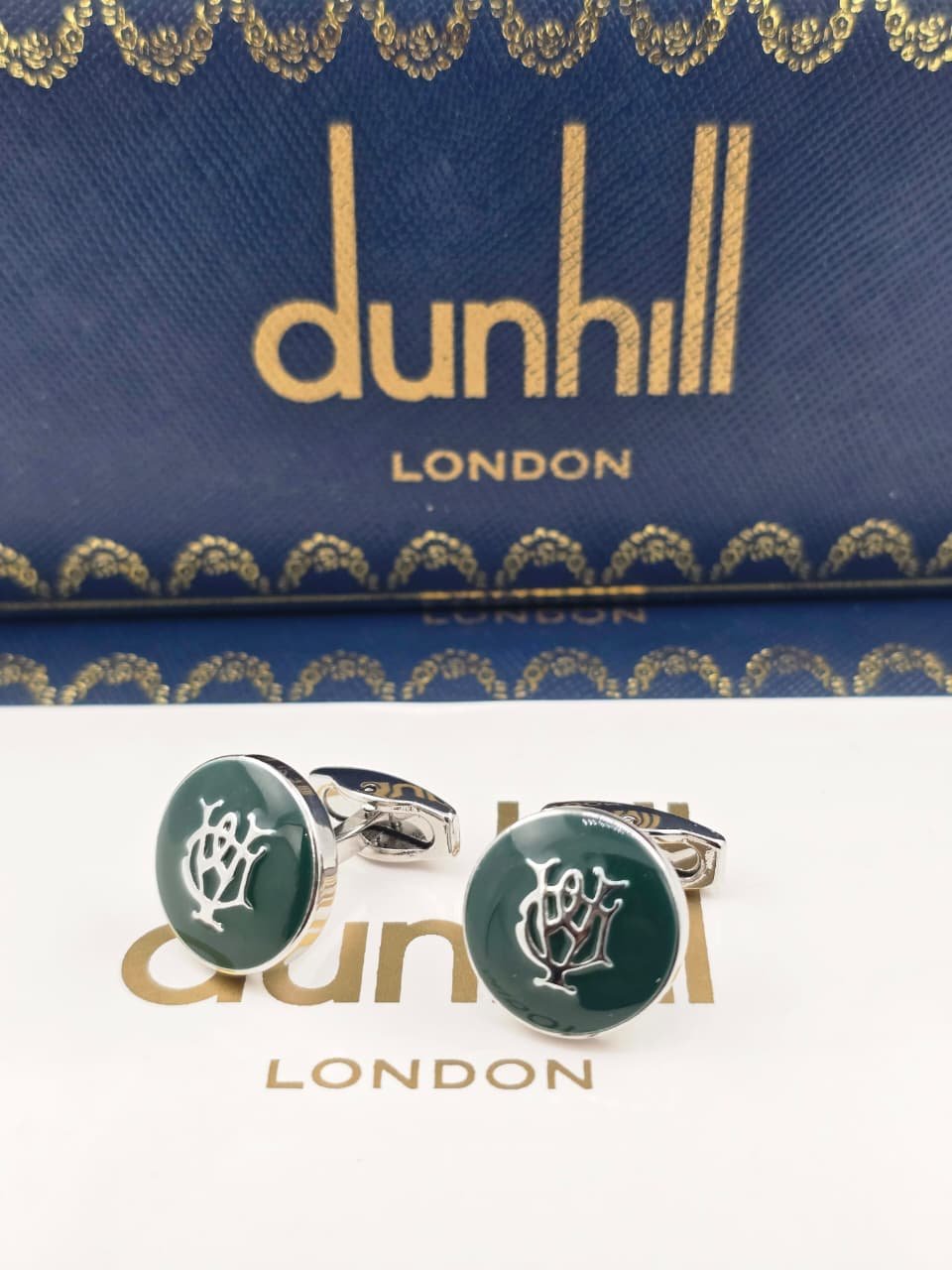 Dunhill Green Enamel Logo Cufflinks – Silver Designer Cufflinks for Men