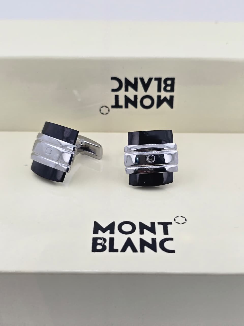 Montblanc Barrel Design Cufflinks – Black & Silver Designer Cufflinks for Men