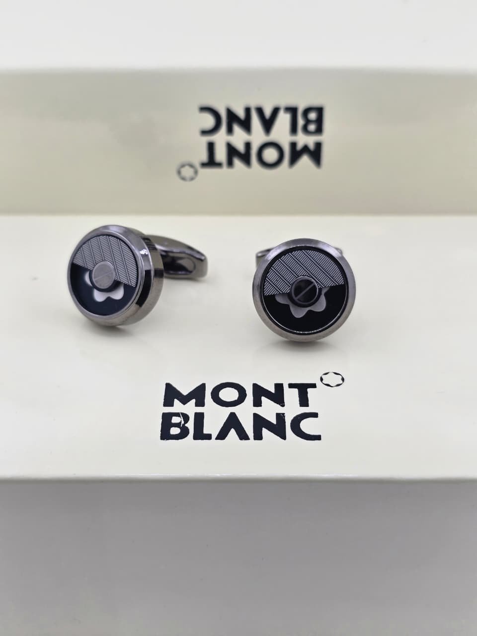 Montblanc Half-Moon Pattern Cufflinks – Black & Silver Designer Cufflinks