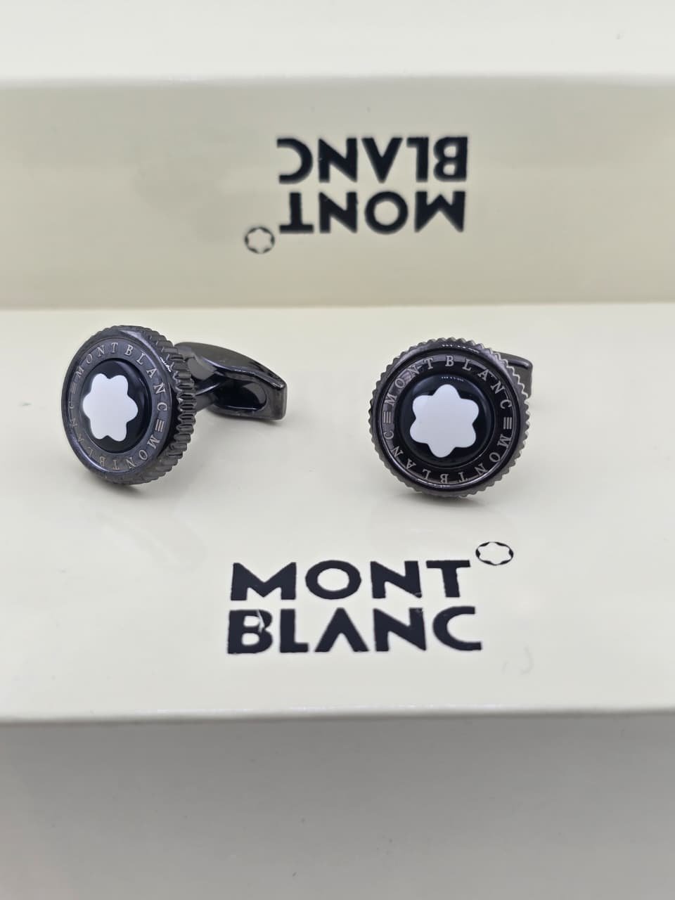 Montblanc Star Emblem Gear Edge Cufflinks – Black & Silver Designer Cufflinks for Men
