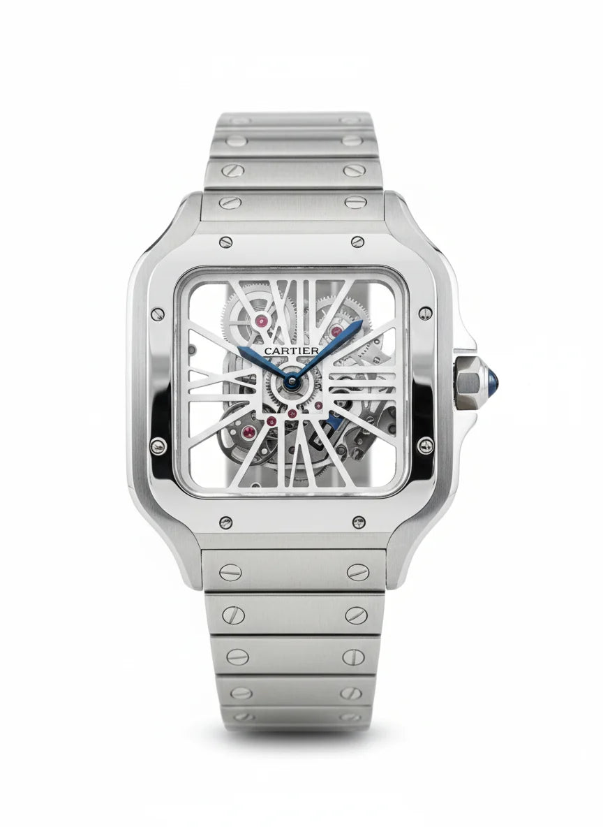 Cartier Santos Skeleton – Transparent Mechanical Dial with Brushed Steel Bracelet