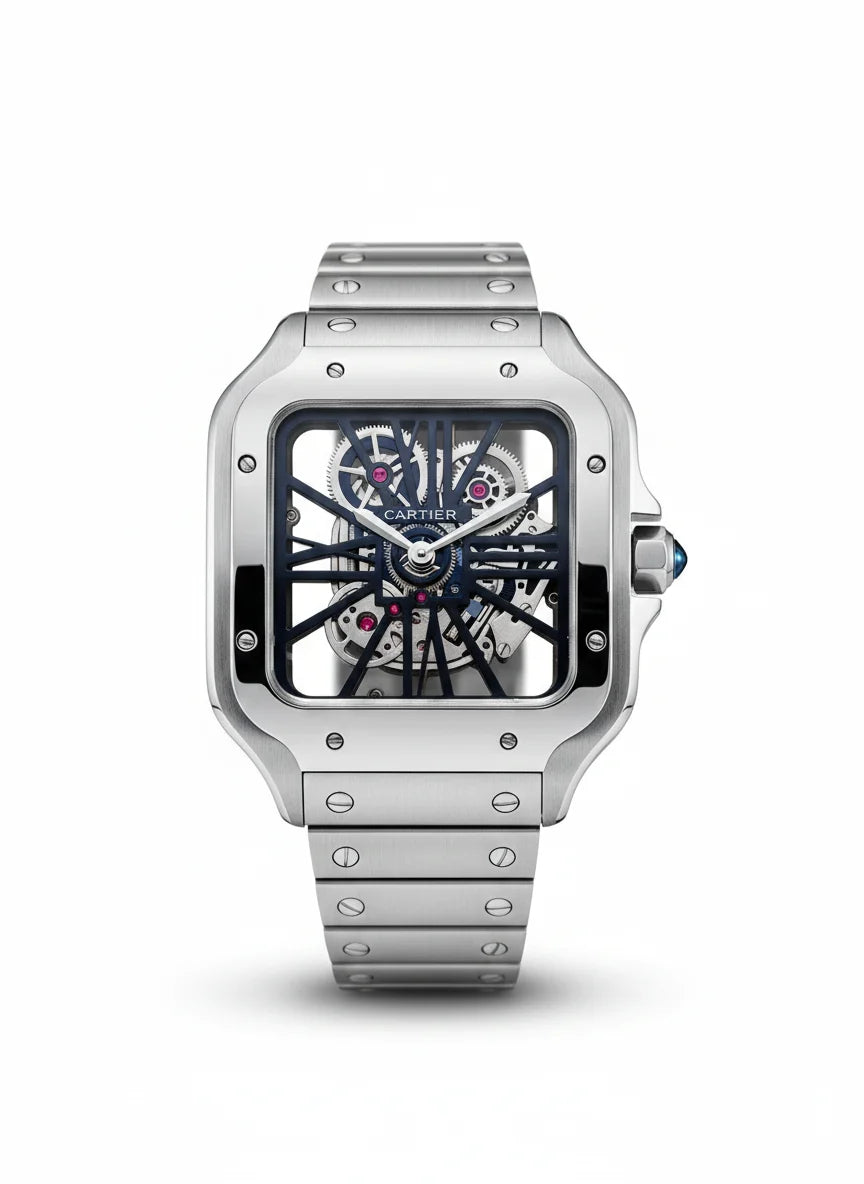 Cartier Santos Skeleton – Transparent Mechanical Dial with Brushed Steel Bracelet