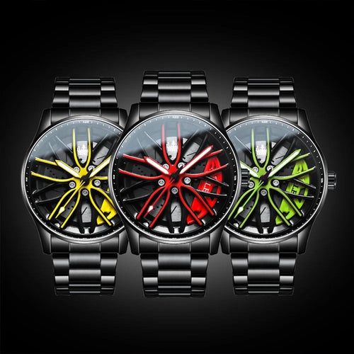 360 ° Rotary Stainless Steel Strap Sport Car Rim Wheel Hub Quartz