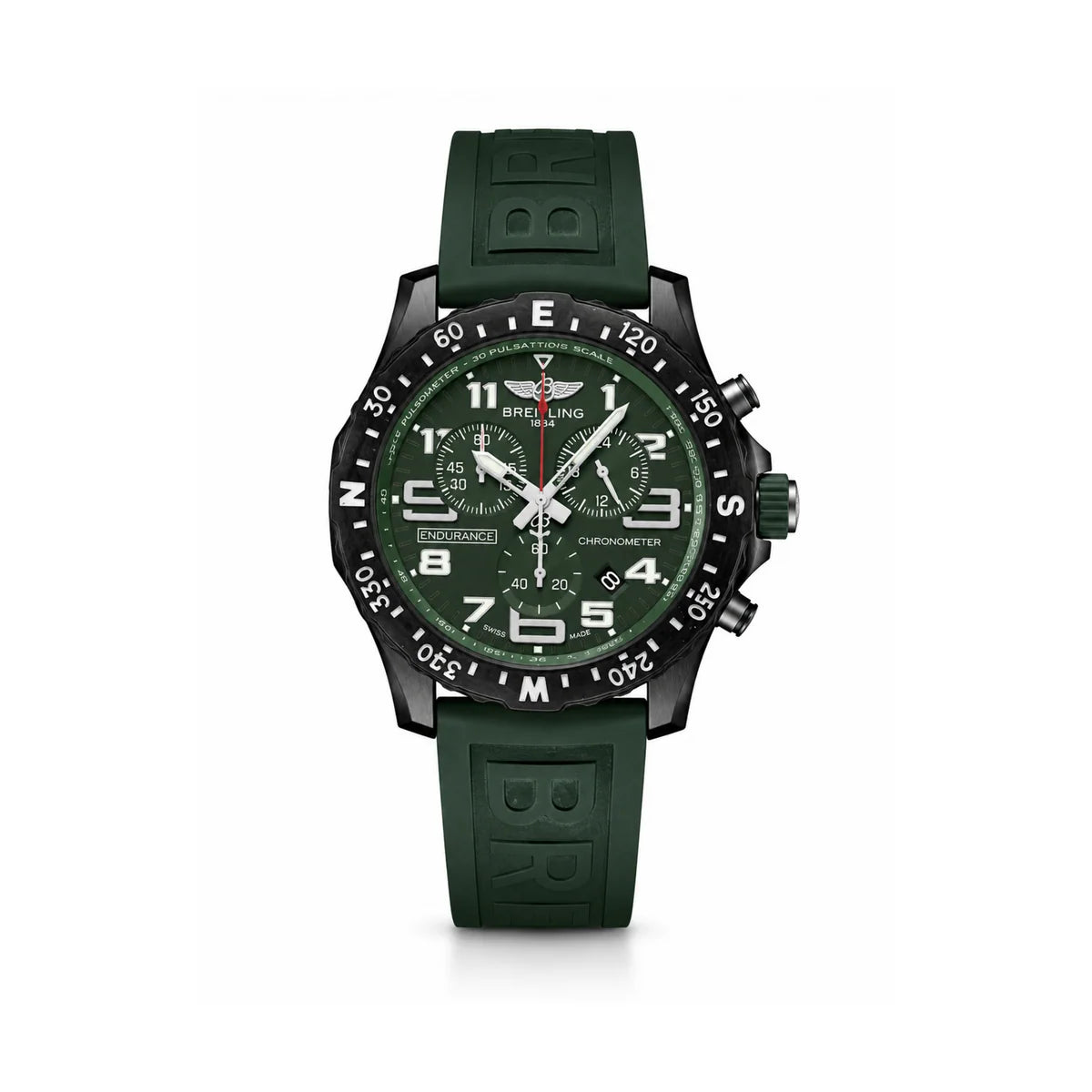 Breitling Endurance Pro Green Chronograph Quartz Watch Rubber Strap